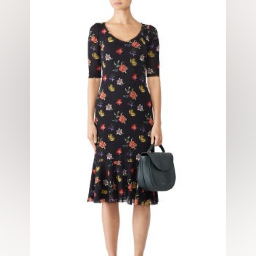 Fuzzi Short Sleeve Colorful Floral Sheath Flounced Hem Midi Dress Size M…